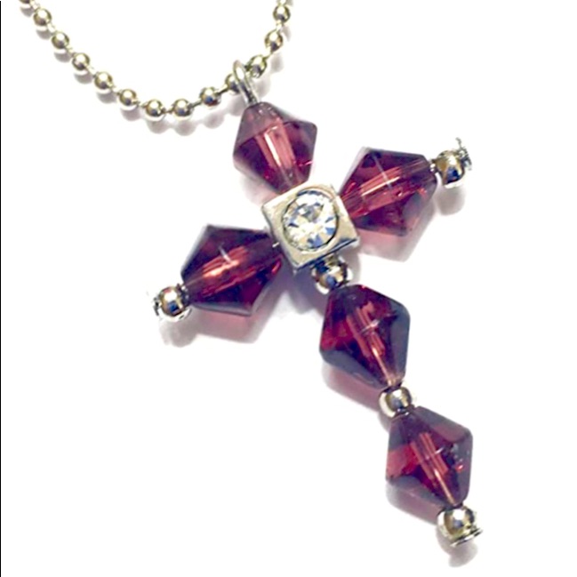 Cross Necklace Purple Beaded Silver Tone Crystal Stone